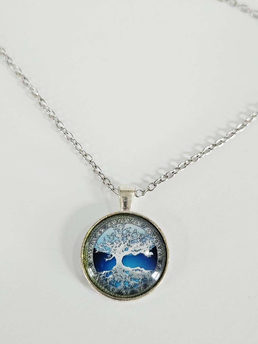 Tree Of Life Celtic Blue Domed Glass Round Cabochon Silver Tone Pendant Necklace - Picture 7 of 11